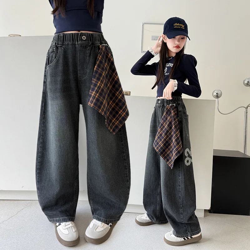 

Child Fashion Wide-Leg Jeans For Tween Girls Streetwear Loose Denim Pants Kids Washed Dark Blue Jeans Trousers with Square Scarf