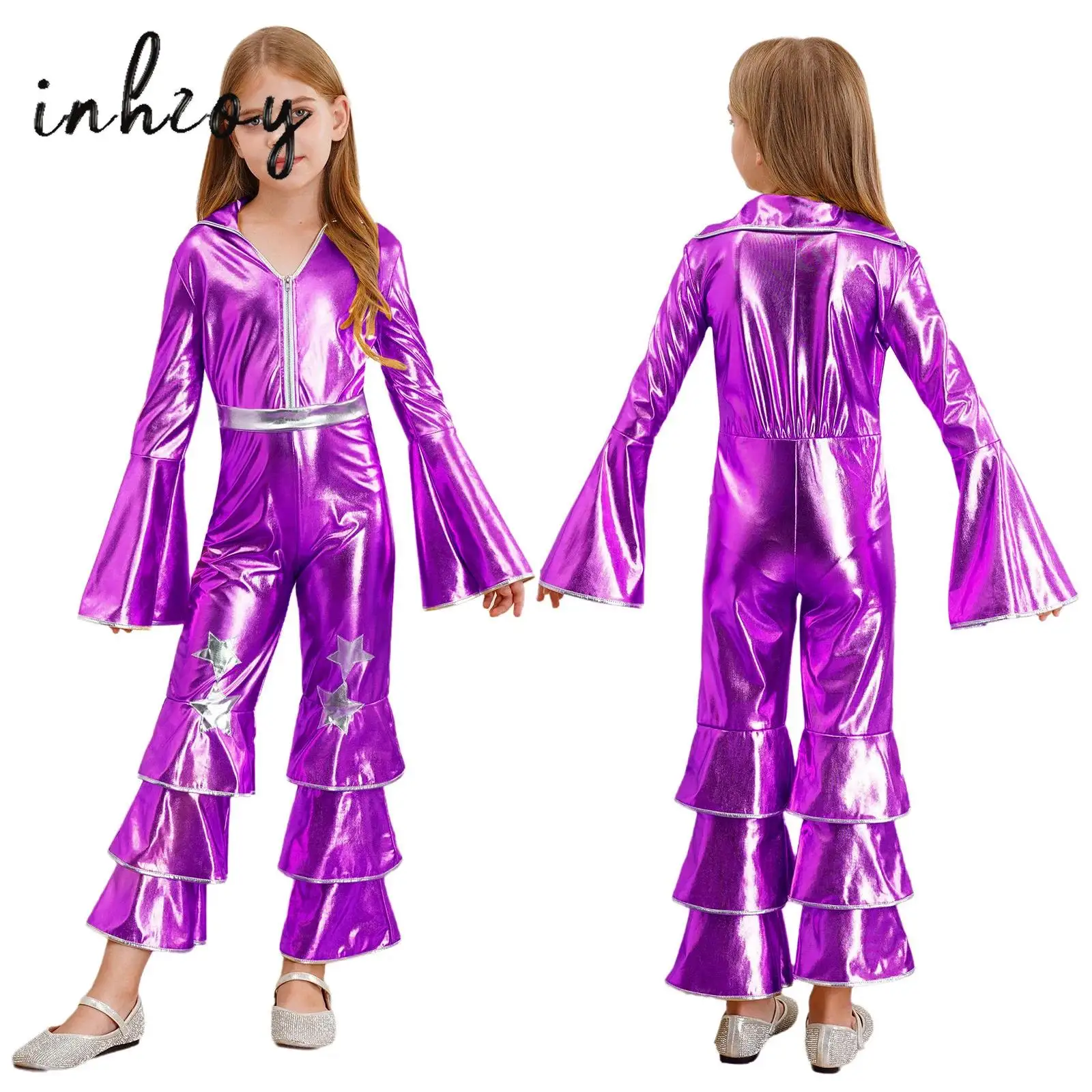 

Teen Girls Metallic 60s 70s Hippie Costume Flare Sleeve Ruffle Bell Bottom Jumpsuit Bodysuit for Disco Diva Dancing Performance