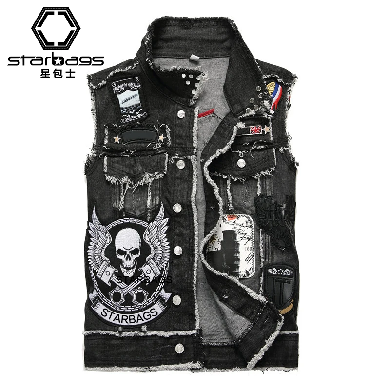 New 2023 spring men's black embroidered denim cardigan youth popular lapel men's casual vest