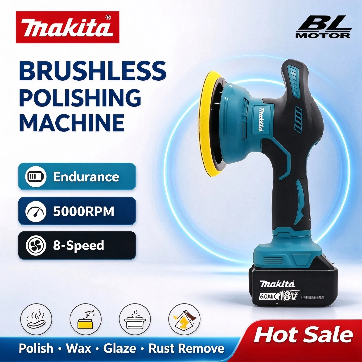 Makita 8-Speed Cordless Auto Polisher Wireless Electric Wax Buffer Car Paint Correction Polishing For 18V Battery Car Detailing