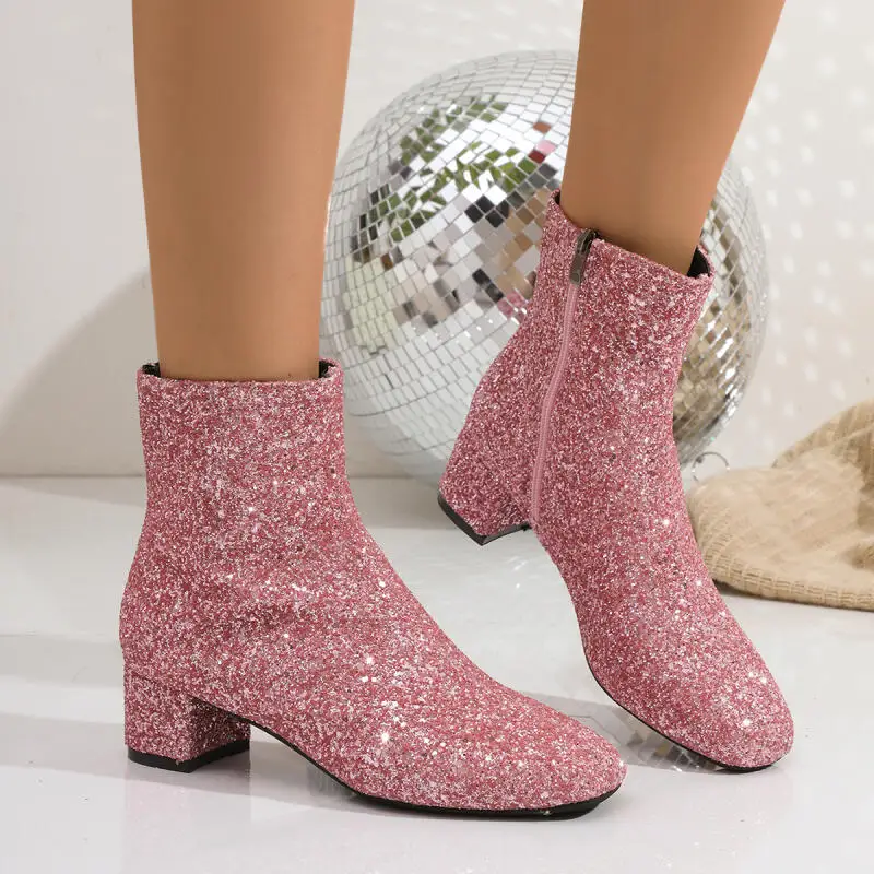 Luxury Sequin Fabric Ankle Boots Women 2026 Autumn Designer Square Toe Side Zip Short Boots Sexy Shiny Medium Heel Party Shoes