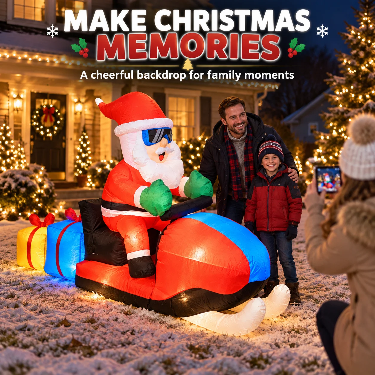 8FT Christmas Inflatable Santa Claus on Snowmobile with Sunglasses LED Lights Blow Up Outdoor Yard Decoration Xmas Gift Boxes Inflatable Outdoor Toy for Holiday Party Garden Lawn Home Decor Cool Motorcycle Vehicle Prop with Sandbags Heavy Duty Blower