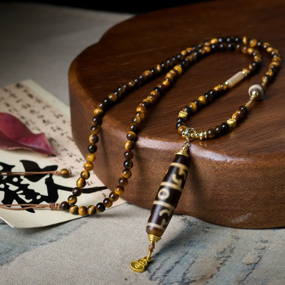 

Hand-Woven Tiger's Eye with Wrapped Lotus Master Dharma Dzi Necklace Original Chinese Sweater Chain