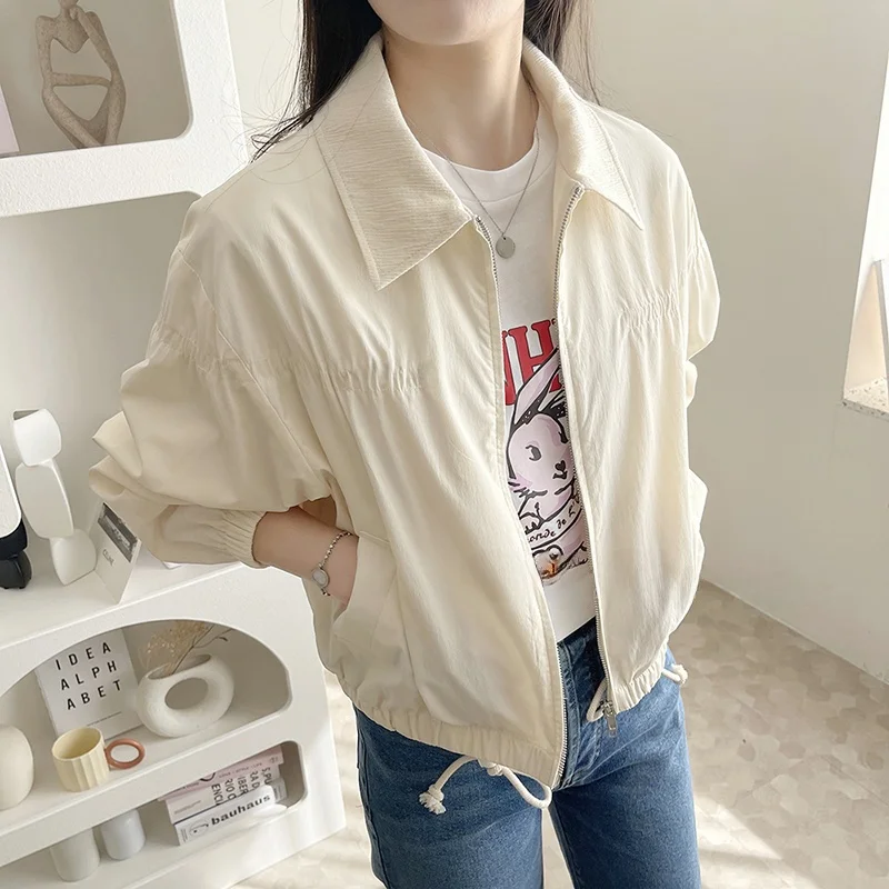 

Slimming Pleated Stand Collar Commute Sle Jaet Top ort Outerwear Versatile Dstring Women's Faion Spring Season