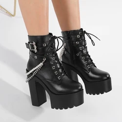 Gdgydh Women's PU Leather High Heel Platform Ankle Boots Fashion Chain Stylish Gothic Punk Lace-Up Chunky Heel Booties with Zip