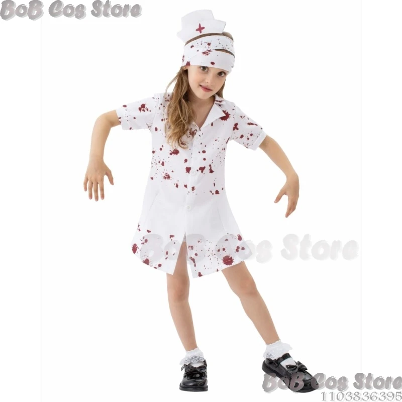 Bebloede Verpleegster Cosplay Kostuum Stille Halloween Hill Driehoekige Zombie Uniform Kinderen Kleding + Riem + Bandage Set