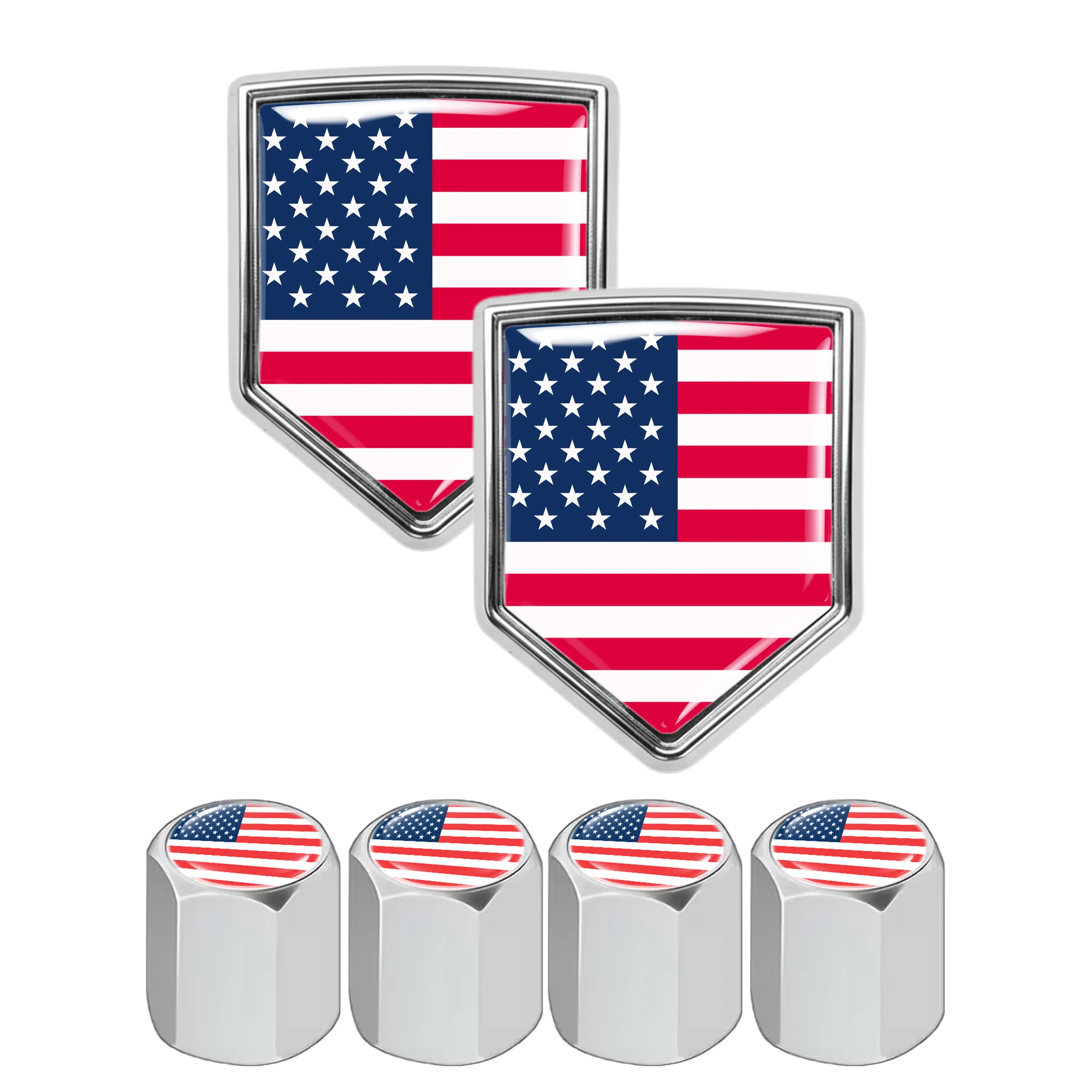 

Car Accessories - 2-Pack USA Colorful Flag Shield Car Stickers & 4-Pack Valve Stem Caps for Car SUV Truck