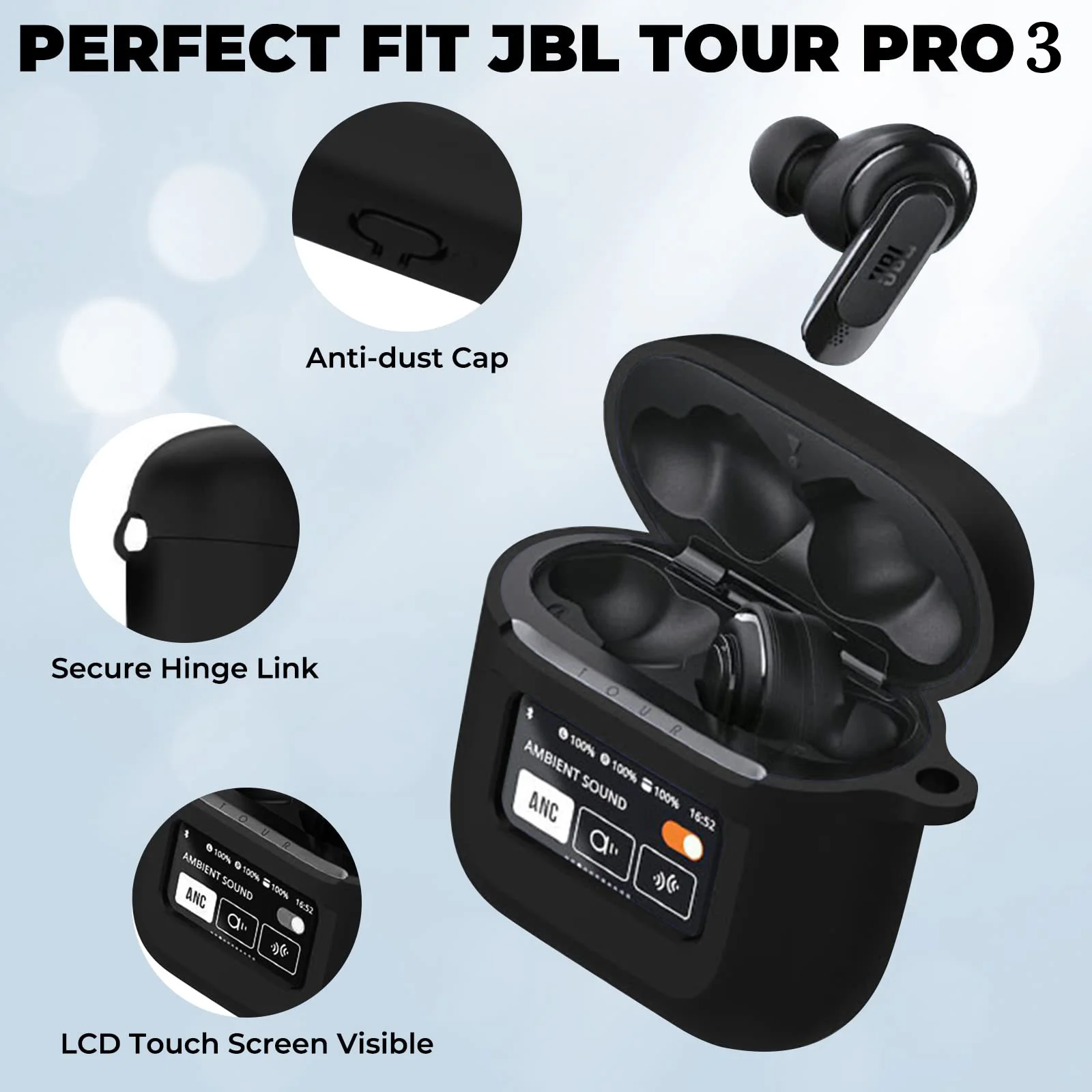 Soft Silicone Case for JBL Tour Pro 3 Wireless Earbuds with Keychain Shockproof Protective Skin Cover LCD Touch Screen Visible