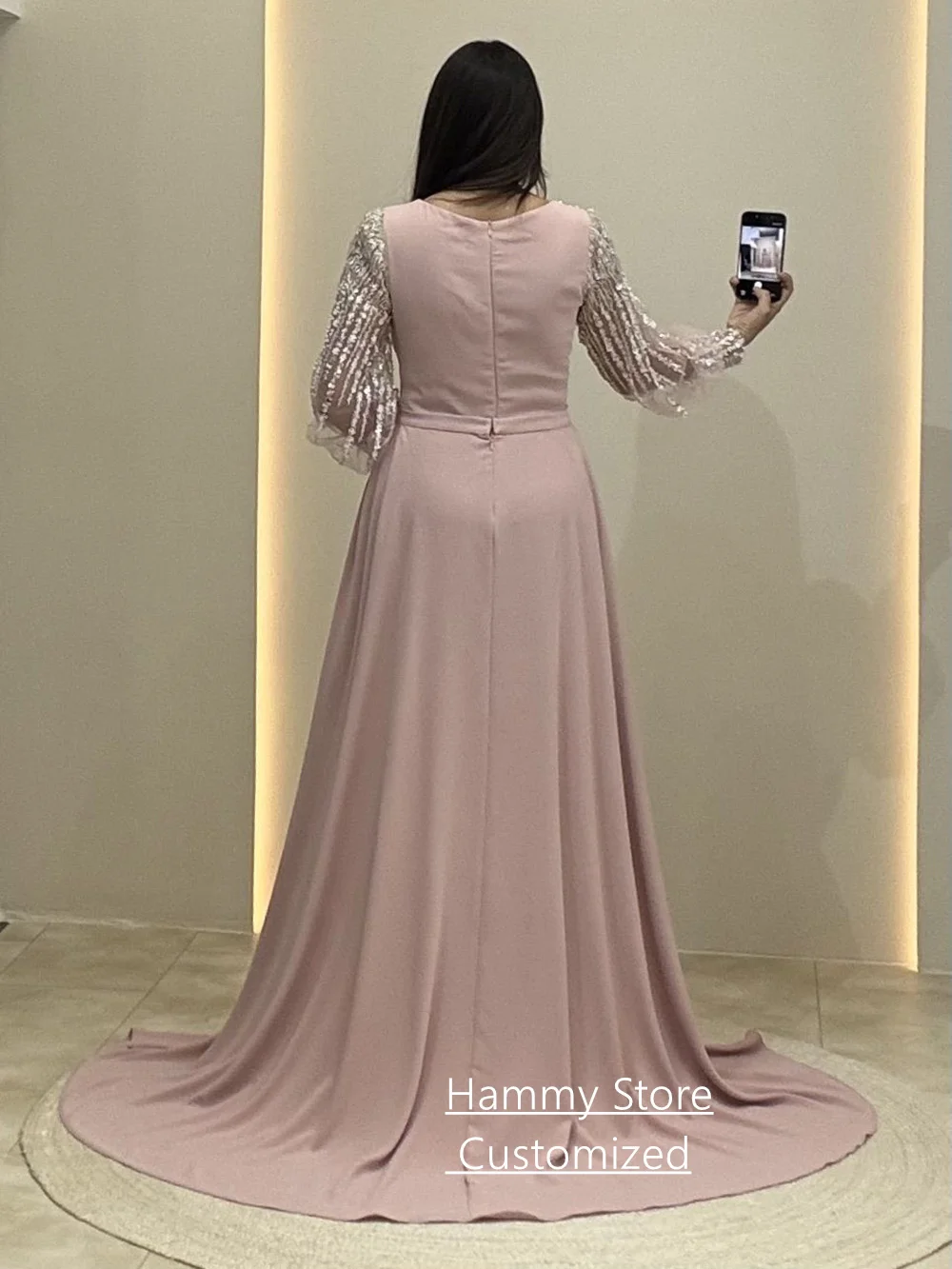 أزياء مساء اللباس مخصص الخامس الرقبة نفخة الأكمام مطرزة اللؤلؤ حورية البحر فستان حفلات قطار للانفصال Fساتين سهلات #2