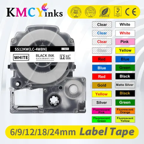 KMCYinks-Fluorescent Colors Label Tape, compatível para SS12KW, compatível para EPSON LW-300, LW-400, LW-600P, LW-700, LC-4WBN9 Impressora