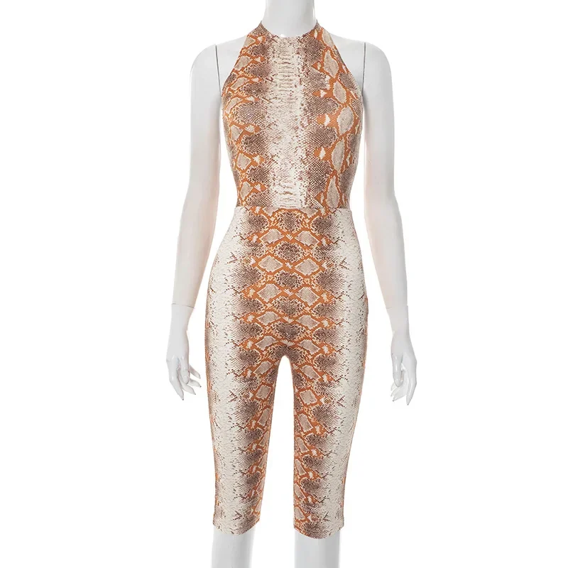 Serpentine Cetak Wanita Seksi Renda Halter Backless Sebetis Panjang Kurus Jumpsuit Tanpa Lengan Slim Capris One Piece Overall Baju Monyet