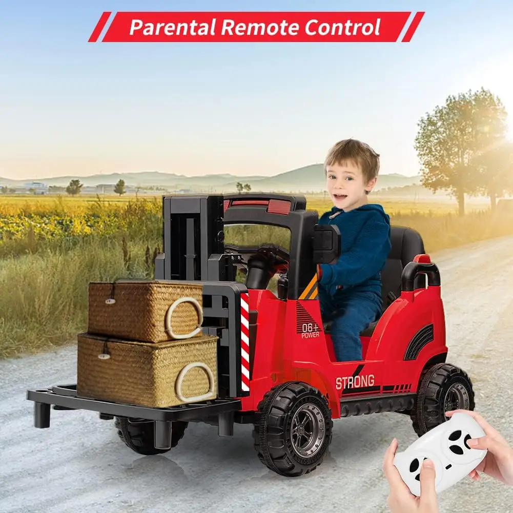 Voiture électrique 12V pour enfants, avec télécommande, fourchette et palette relevables, musique, USB, ceinture de sécurité, 2 Modes de vitesse pour 3 à 8 ans
