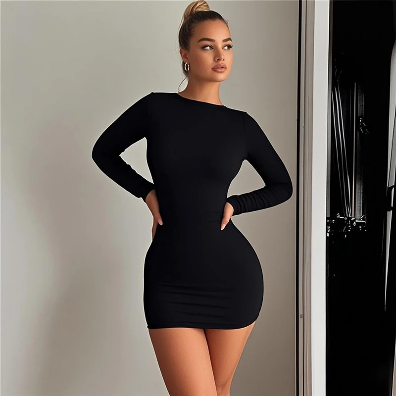 Schwarzes Mini-Kleid für Damen, Modisch, Sexy, Rückenfreies Partykleid, Damen-Streetwear, Koreanisches Design, Ausgeschnittene Langarm-Bodycon-Kleider, Neu – Detail 2