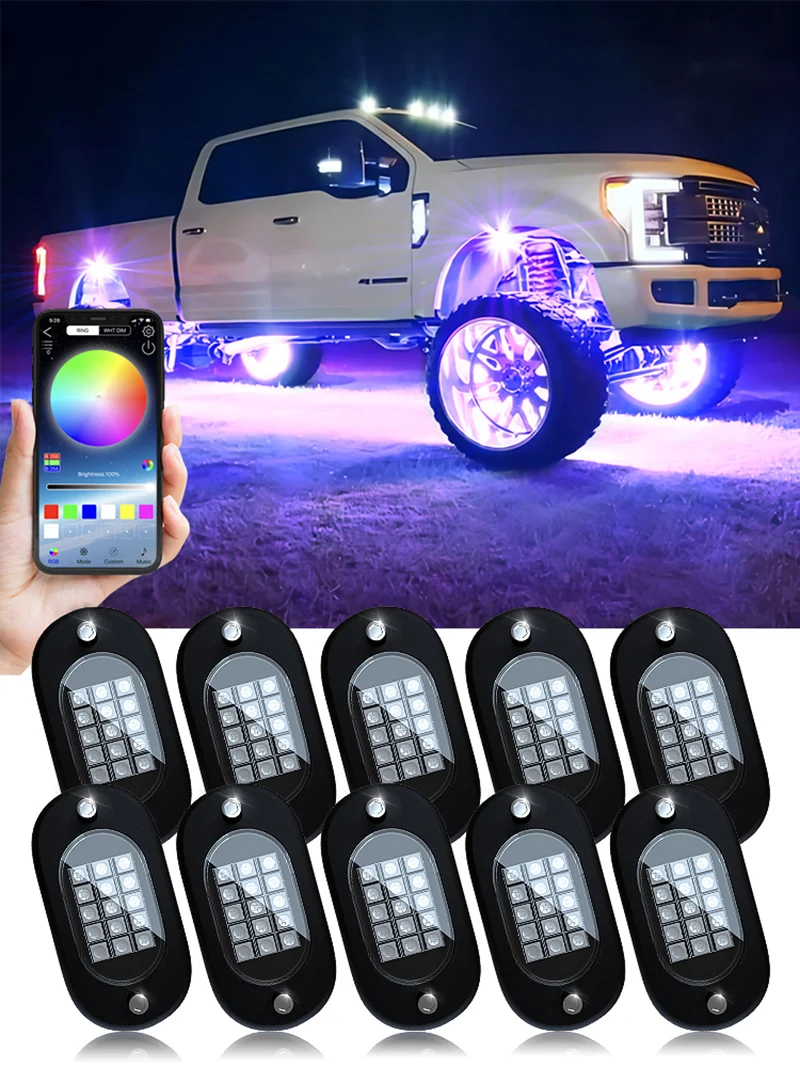 Rgb Led Rock Lights Auto Chassis Licht Muziek Sync Underglow Ip68 Voor Jeep Off-Road Boat Bluetooth App Control 4/6/8/10/12 In 1