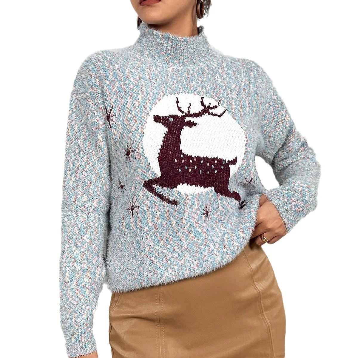 Vintage Herbst Mode Damen Middle High Neck Elk Christmas Fashion Print Pullover Long-sleeved Sweater Осенняя Одежда Для Женщин