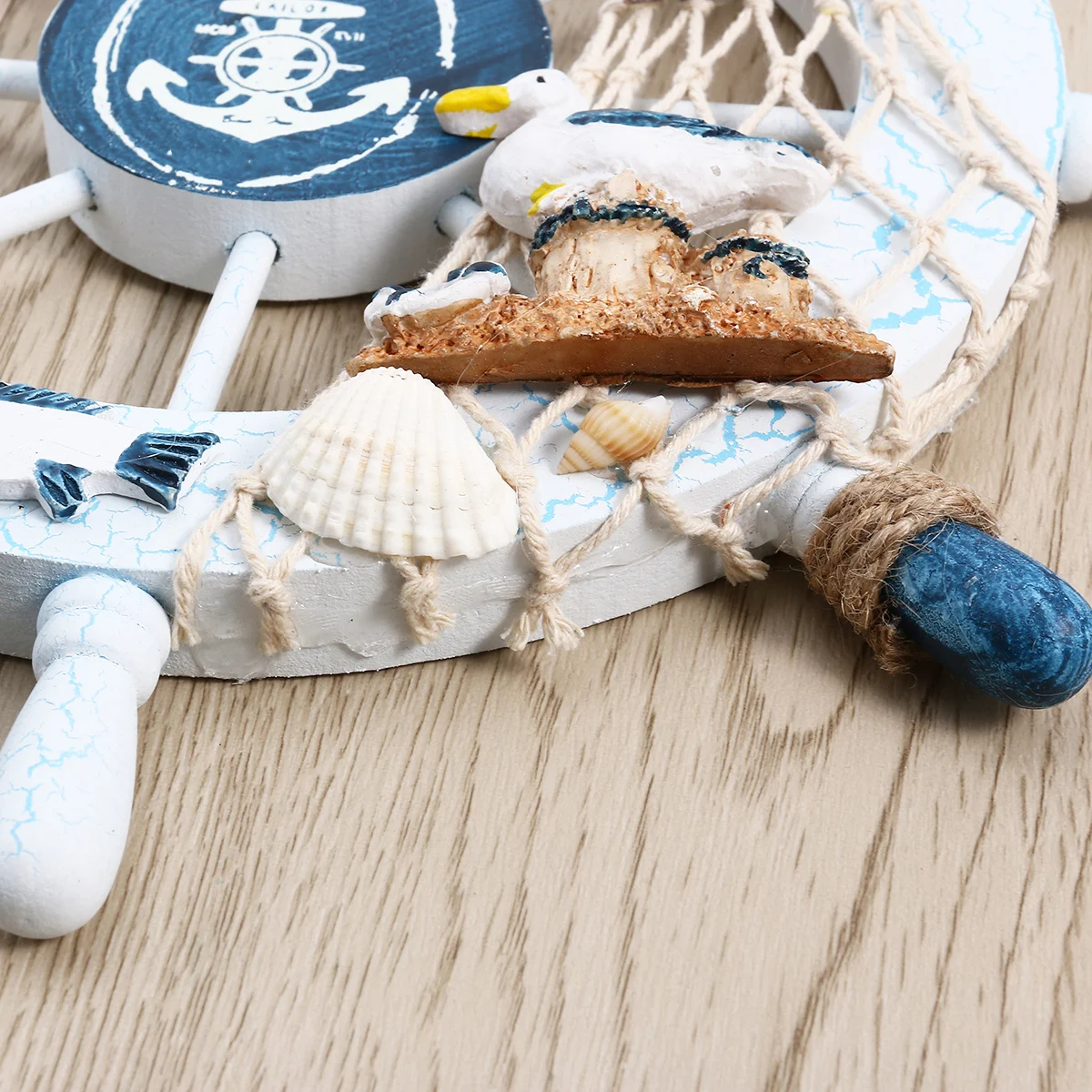 

Wooden Ship Wheel Rudder Wall Decor Fishing Net Shells Rope Light Blue White Spokes Nautical Home Beach Style Mini Model