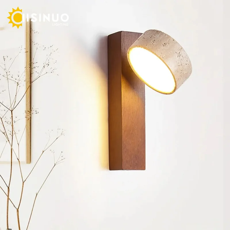 Wabi Sabi Style naturel jaune travertin pierre applique rotative avec interrupteur à chaîne de traction LED noyer bois décor lumière pour chambre