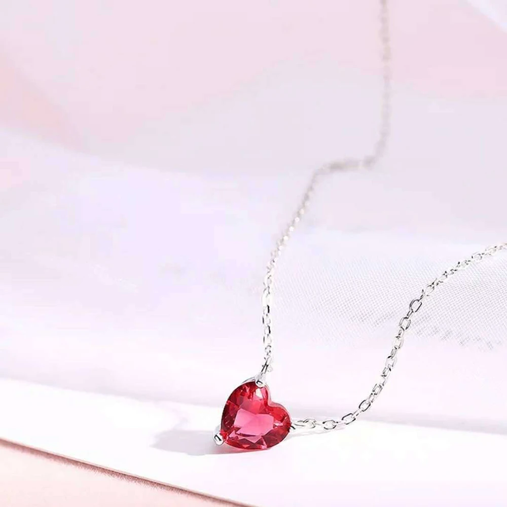 WOSIKATE Korean 925 Sterling Silver Red Corundum Heart Pendant Necklace For Women Fashion Jewelry Simple Clavicle Chain Necklace