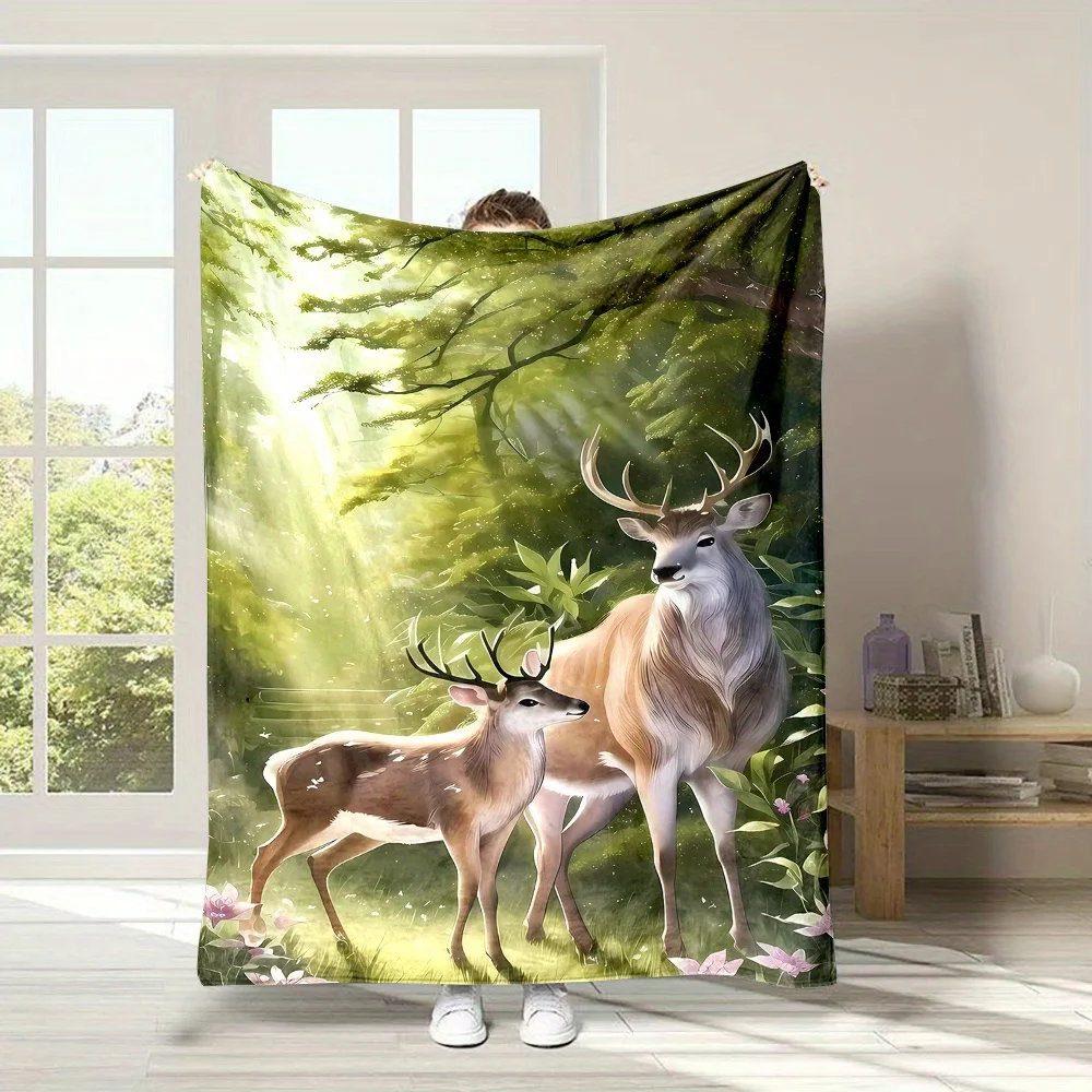 Sunny Forest Two Sika Deer Green Plant Floral Nature Print Flannel Blanket Soft for Bedroom Forest Style Home Warm Decor Gift