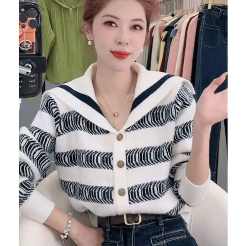 

Xiaoxiangfeng Contrast Striped Navy Collar Knitted Cardigan Women Autumn Winter Soft and Waxy Loose Lazy Sweater Jacket Top