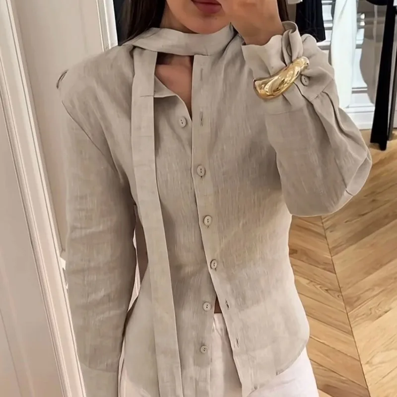 Spring Autumn Women's Floating Luxury Ribbons Top Commuting Basics Casual Slim Blouse 100% Cotton New Autumn Tie Belted Shirt