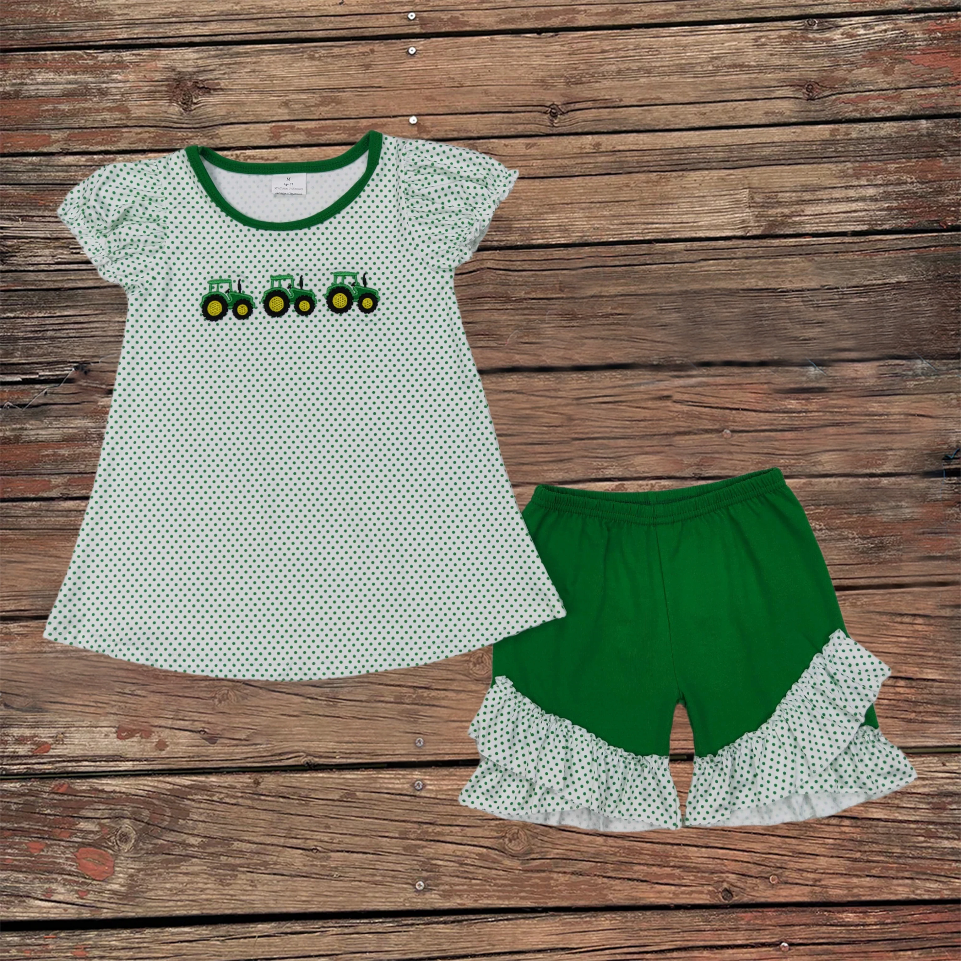 

Wholesale Baby Girl Summer Set Children Embroidery Farm Tractors Kids Toddler Short Sleeves Tunic Ruffle Shorts Clothes Outfit