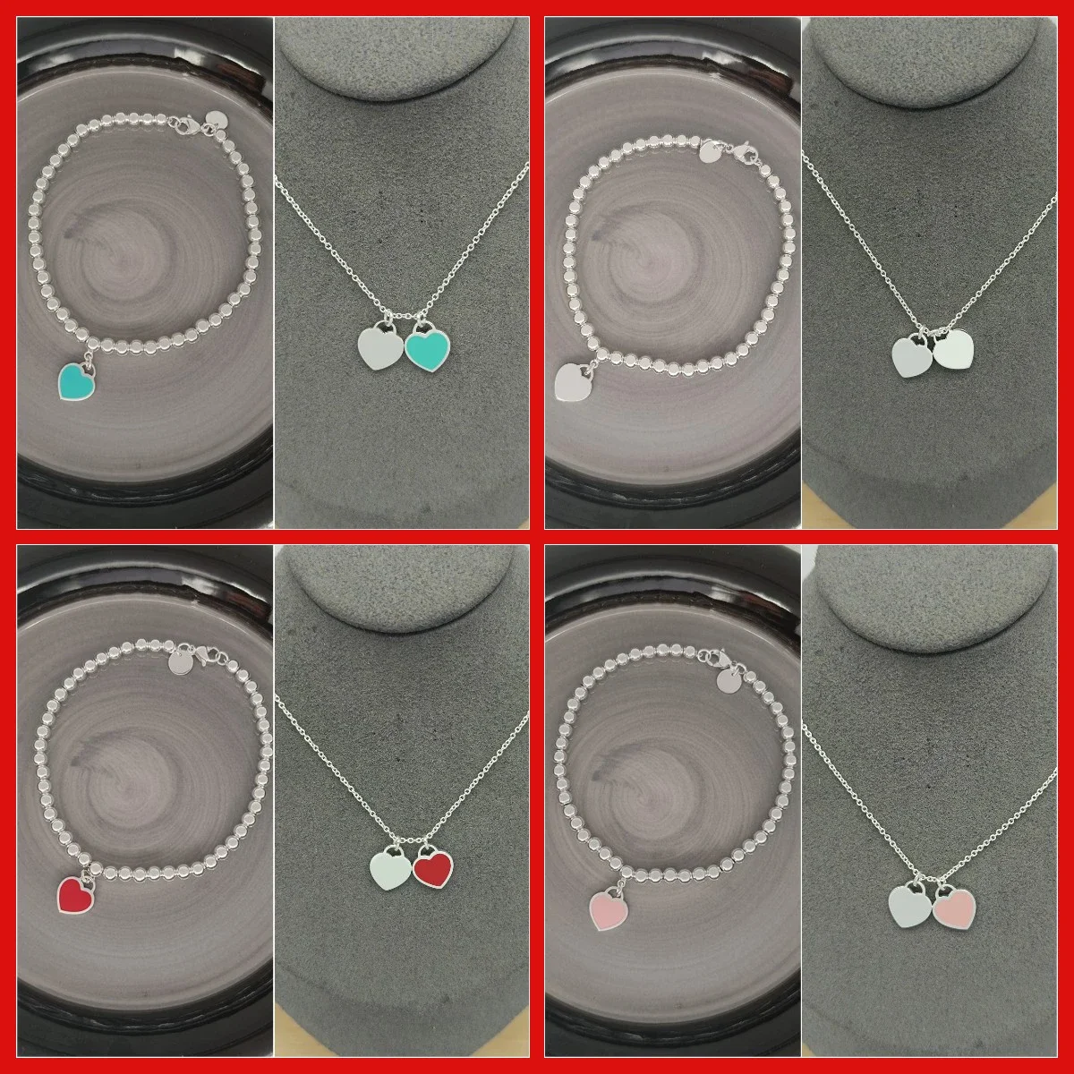 The Classic Heart Set Is So Beautiful. Double Heart Necklace, Round Bead Heart Bracelet