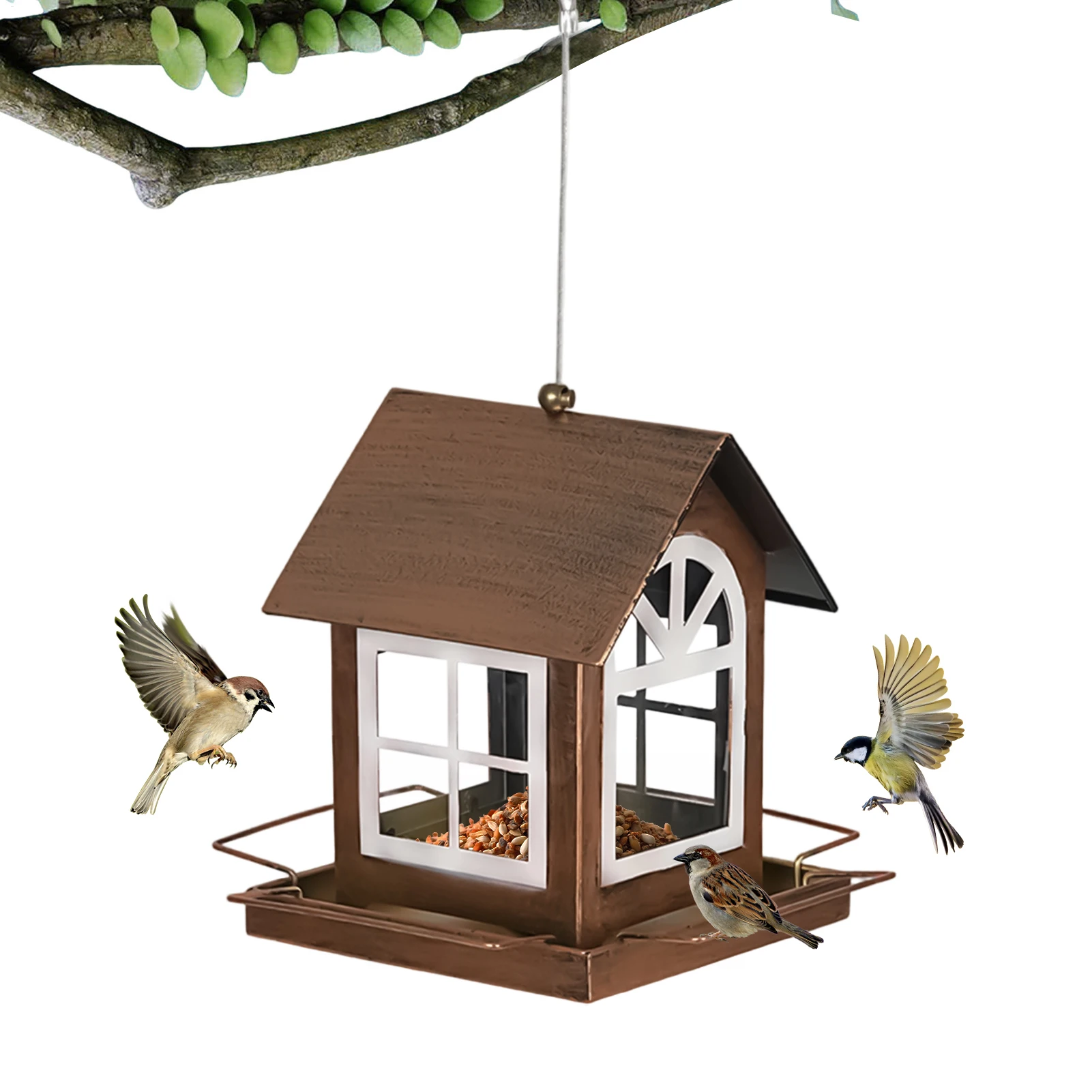 

Металлическая кормушка для птиц, сверхмощная станция для кормления, форма дома, подвесные, устойчивые к атмосферным воздействиям уличные кормушки для птиц для просмотра заднего двора и сада