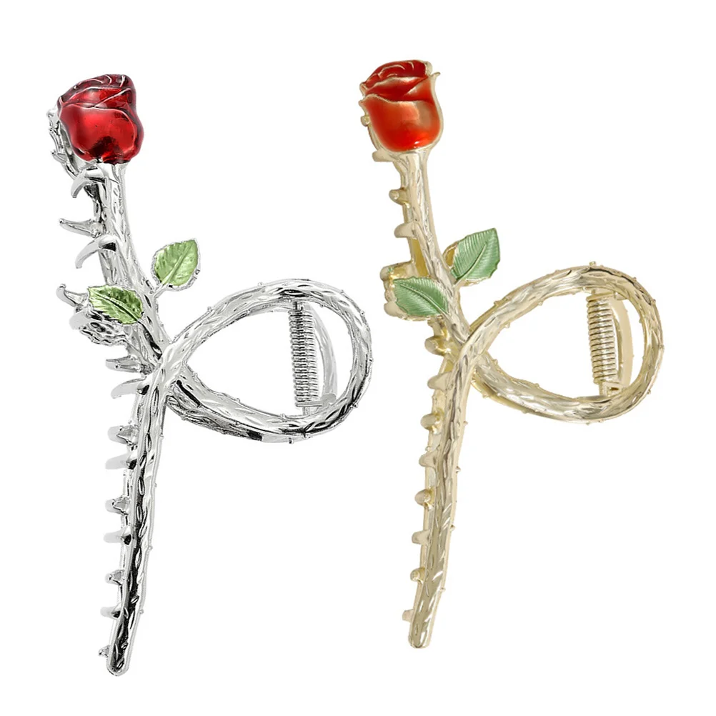 

2Pcs Red Rose Metal Hair Claw Clips for Women Thin Thick Hair Accessories Bun Hairpin Flower Decor Retro Elegant Stylish