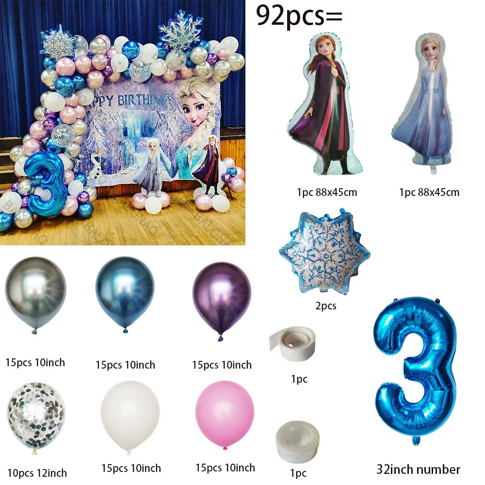 92 Uds. Fondo de pared con tema de Disney, decoración de fiesta de Frozen, globos de aluminio de Elsa y Anna, bola de números, fiesta de cumpleaños para niñas y niños