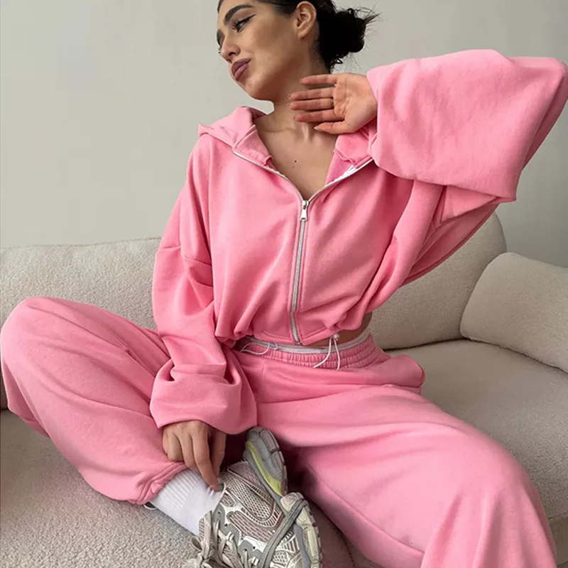 

European American Women's Casual Suit Solid Color Long-sleeved Zipper Cardigan Drawstring Hooded Sweater Sports Elastic Pants