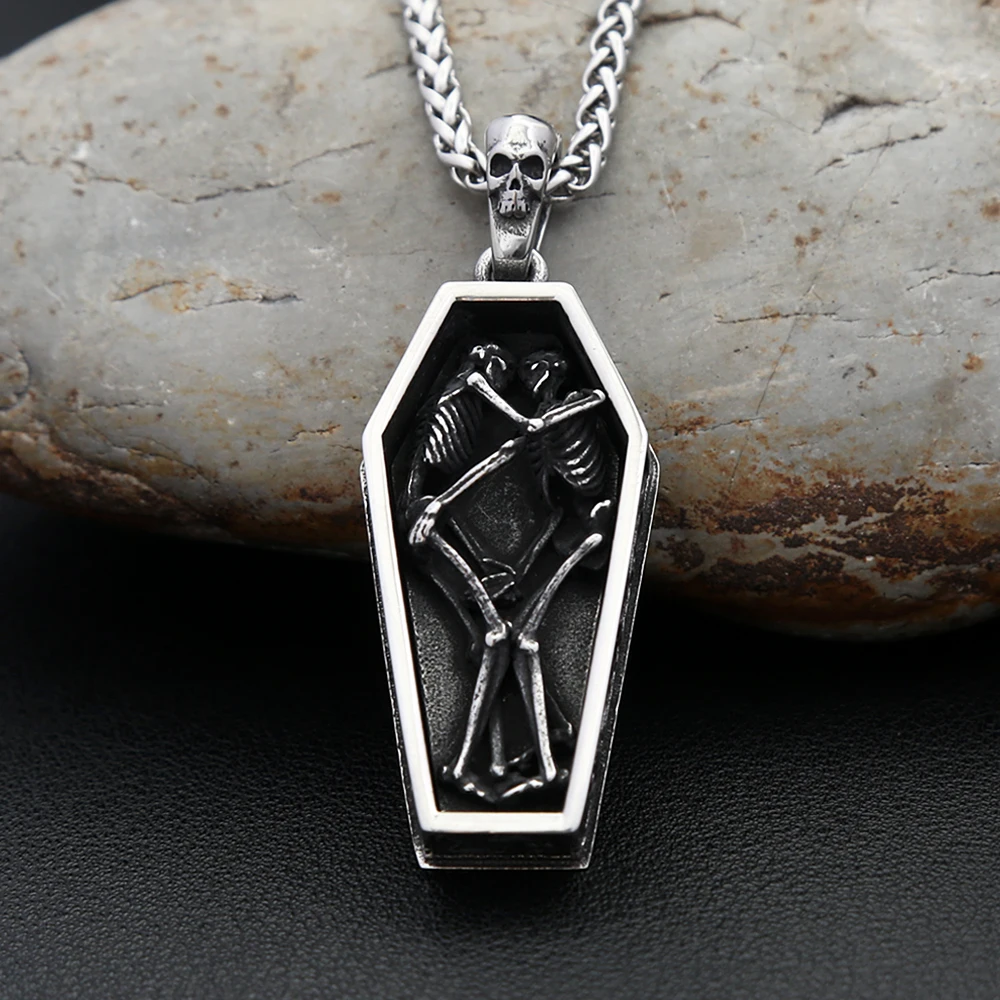 Gothic Vintage Stainless Steel Double Skull Coffin Pendant Necklace For Men Punk Vampire Skeleton Necklaces Biker Jewelry Gifts