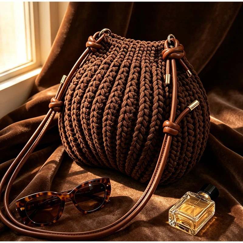 Handgefertigte Gestrickte Garn-Umhängetasche, Vielseitige Einfarbige Messenger-Tasche für Damen, Leichte Weiche Gewebte Schultertasche – Detail 8