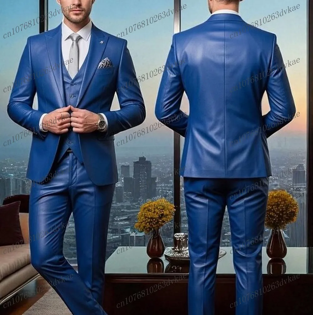

Новый синий кожаный мужской костюм для свадебной вечеринки, формальный жених, жених, выпускного вечера, деловые мужские смокинги, комплект из 3 предметов, куртка, жилет, брюки