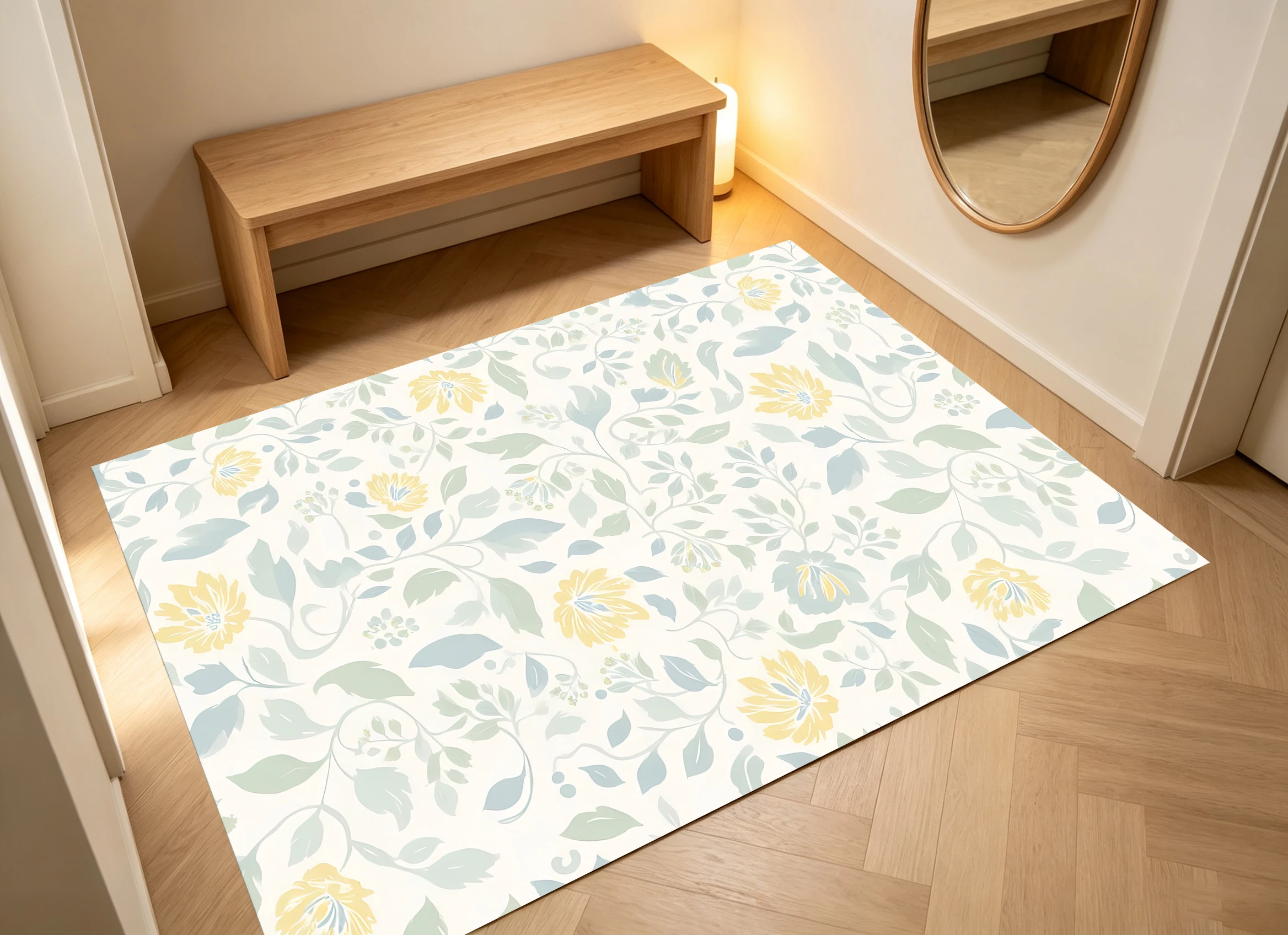 2D Large Rug with Beige Background & Yellow-Green Floral Pattern, Fresh & Pastoral Style, Skin-Friendly & Soft, for Living Room