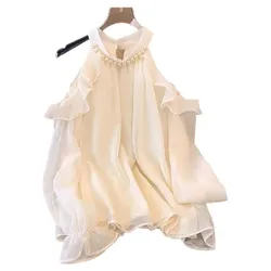 Women Tops Pearl Beading Off Shoulder Long Sleeve O Neck Girl Blouse Elegant Chic Spring Summer Korean Fashion Sweet Clothing