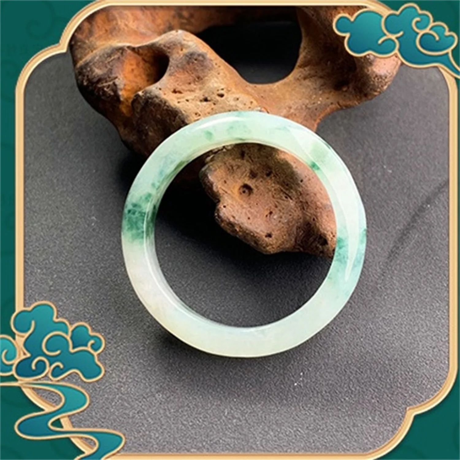 Genuine Myanmar Jadeite Grade A Ring Green Floating Flowers White Base Green Jadeite Band Natural Untreated Gemstone Jewelry