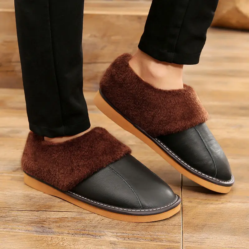 Genuine Leather Winter Slippers for Couples Non Slip Warm Indoor Cotton Footwear with Heel Protection Cozy Home Slipper for Men