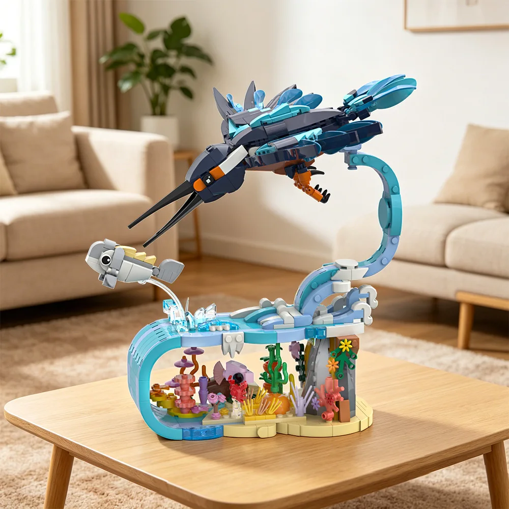 Kingfisher Baustein-Set: Eisvogel beim Fischfang mit Schilfrohrständer – Schreibtischdeko, Bausteine, Vogelspielzeug, Geschenk für Erwachsene