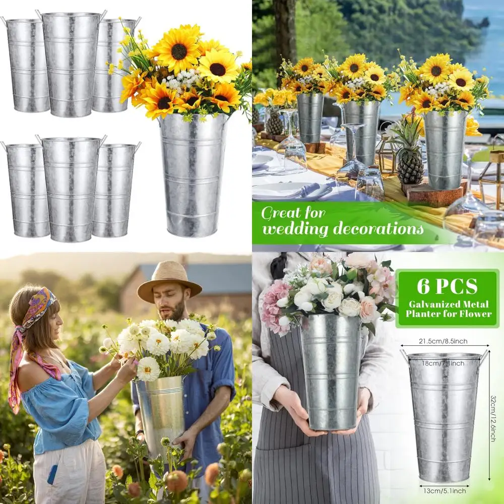 

12 Inch Galvanized Metal Vase Set, French-Style Flower Buckets for Cut Flowers, Rustic Decor, Home Farmhouse Style