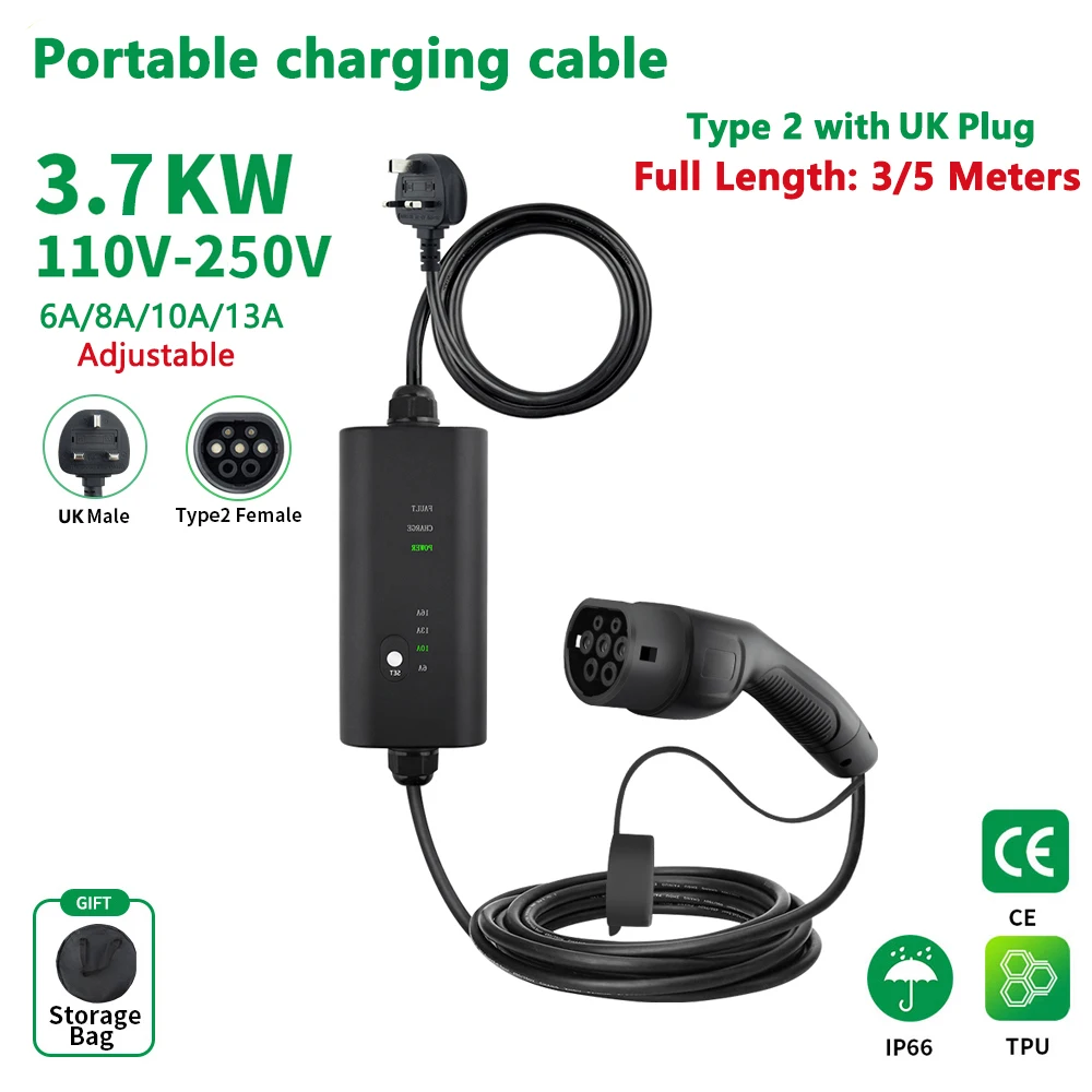 

EVMBO UK Plug Type2 IEC62196-2 Portable EV Charger 1Phase 6/8/10/13A Adjustable EVSE Charging Cable