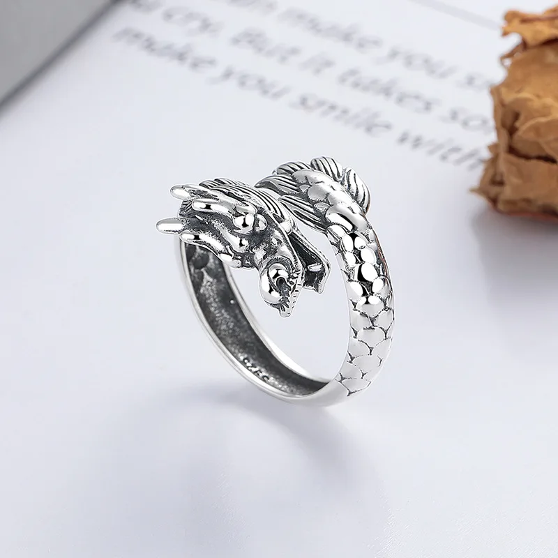 Dragon Ring Woman Men 925 Silver Chinese Adjustable Vintage Sterling Signet Ethnic Style