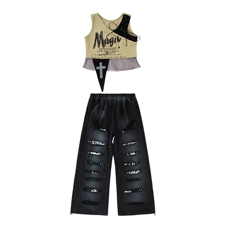 Children Kpop Jazz Dance Clothes Navel Tops Ripped Pants Summer Sleeveless Hip Hop Costume Concert Stage Outfit Rave Wear L16643