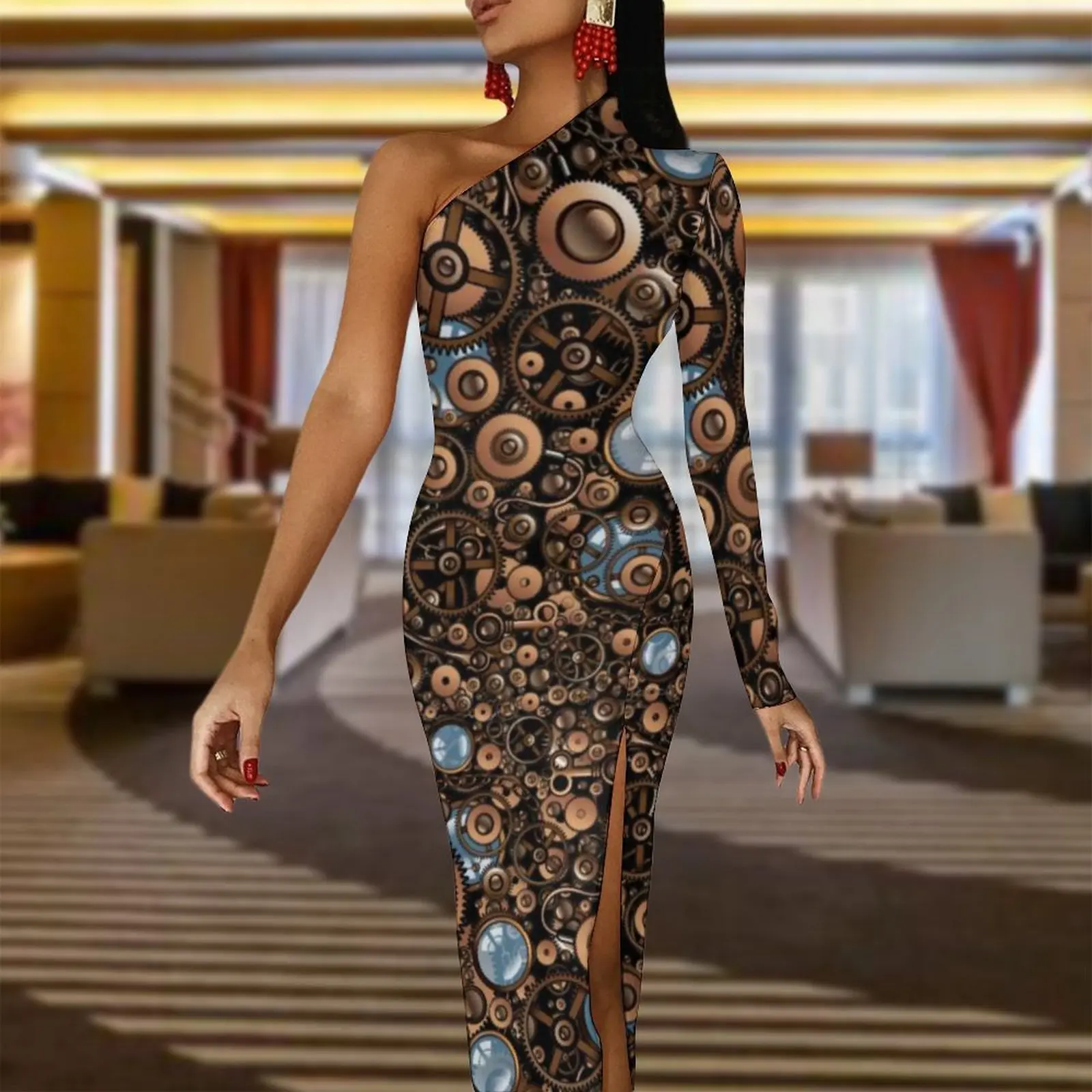 Steampunk Gear Side Split Bodycon Dress Steam Punk Glasses Vintage Style Night Club Maxi Dress Autumn Party Pattern Dresses