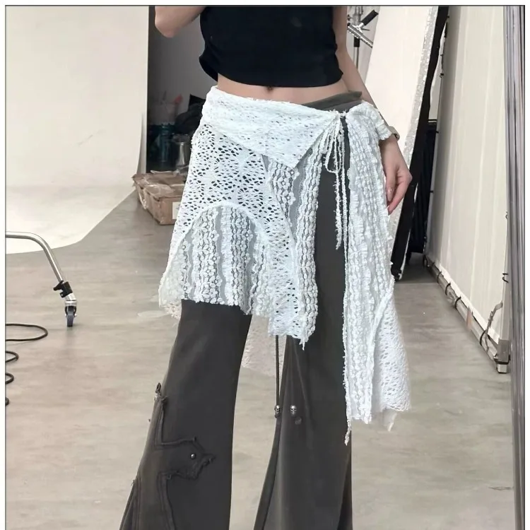 

Fashion Mesh Hollow Out White Skirt for Women Y2k High Waist Lace Up Skirts 2024 Early Autumn New All-match Faldas Mujer