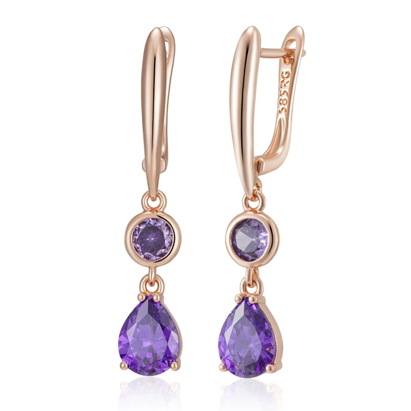 Kinel Hot Shiny Purple Natural Zircon Long Dangle Earrings for Women 585 Rose Gold Color Vintage Ethnic Bride Daily Fine Jewelry