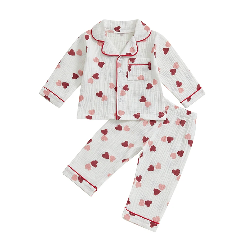 Kids Girls Pajamas Set Heart Print Long Sleeve Shirt with Elastic Waist Pants Sleepwear