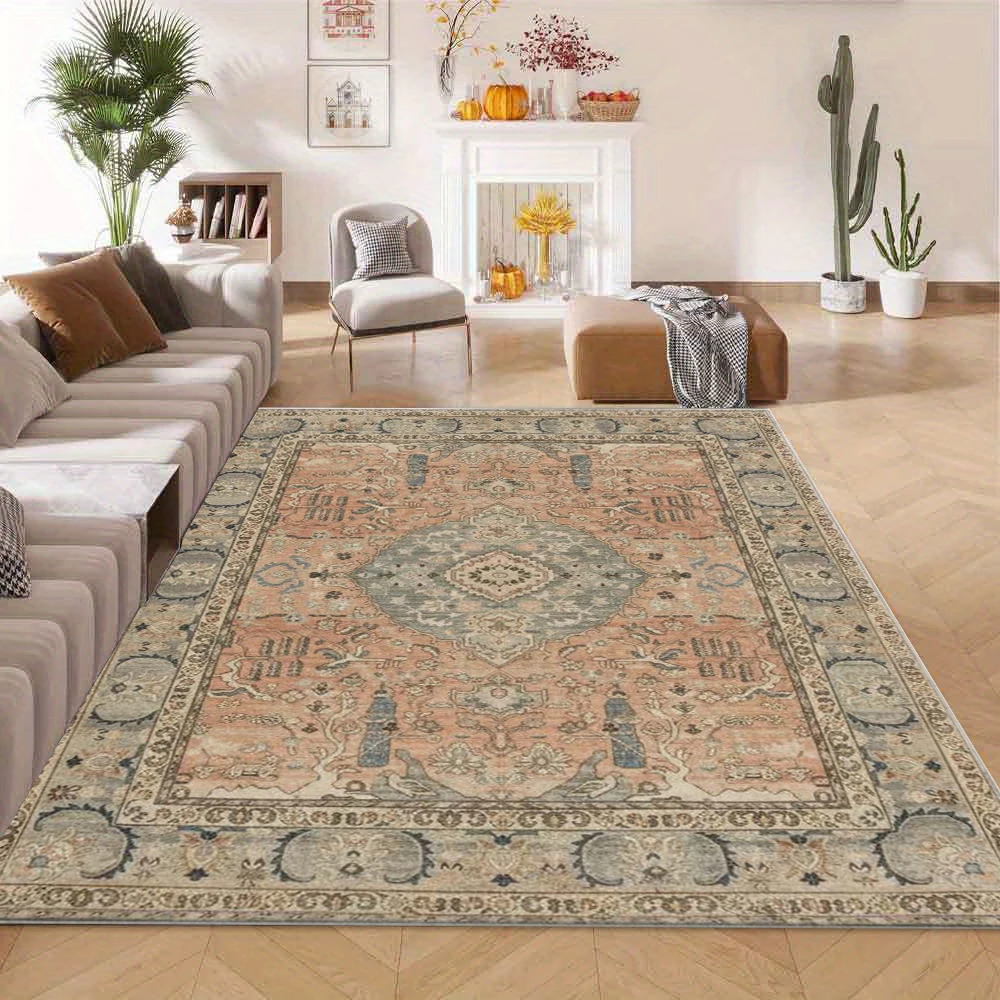 Distressed Oushak Style Area Rug Pink Peach Vintage Medallion Oriental Floor Carpet for Living Room Bedroom Office Home Decor