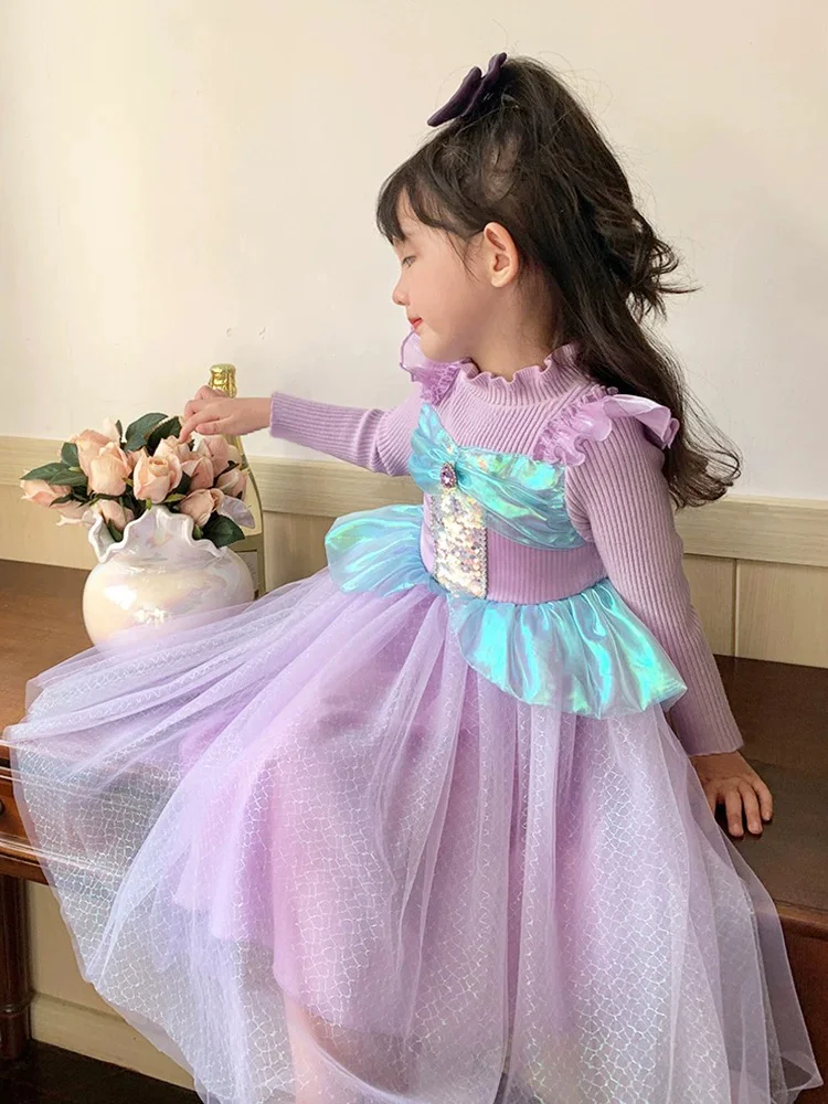 Baby Girls Autumn Winter Lolita Shiny Lace Bow Princess Ball Gown Mermaid Cake Layed Shiny Blue Knit Dress Birthday Party Clothe