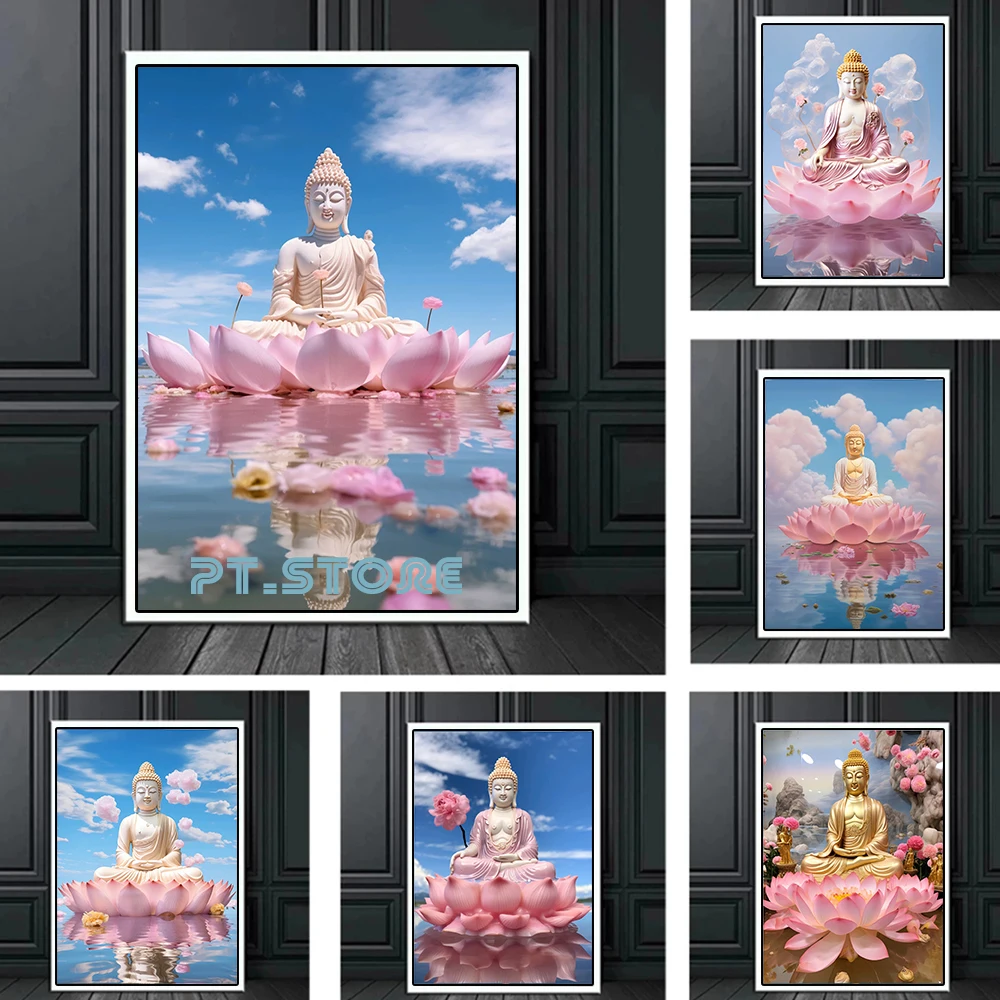 

Lotus Buddha Statue Sculpture Art Posters Living Room Home Decoration Religion Buddha Head Meditation Sakyamuni Canvas Painting